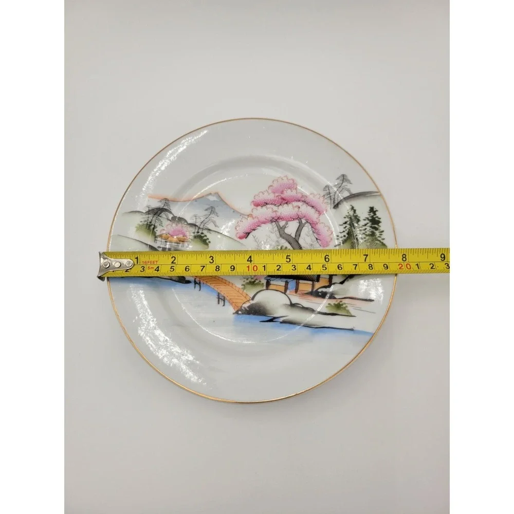 Set of 5 Vintage Kutani Japan KUT21 salad plates pink textured trees bridge gold